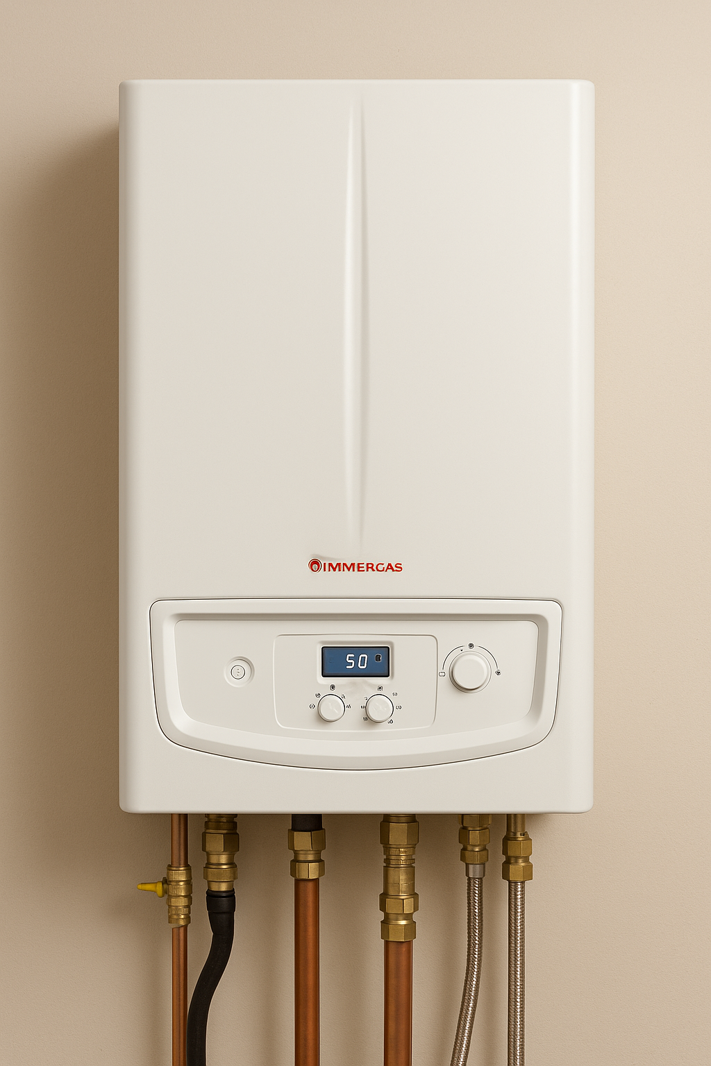 Immergas kombi modeli - divar üzərində quraşdırılmış ağ rəngli Immergas brendli kombi cihazı idarə paneli və boru bağlantıları ilə