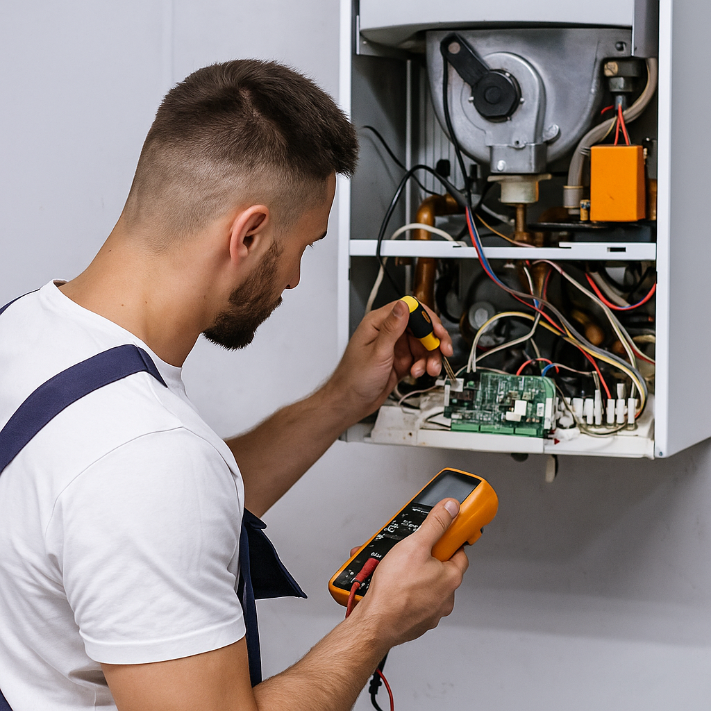 Peşəkar kombi ustası multimetr və alətlərlə kombi xəta kodlarının diaqnostikası və elektronik kartın yoxlanması - kombi servisi Bakı